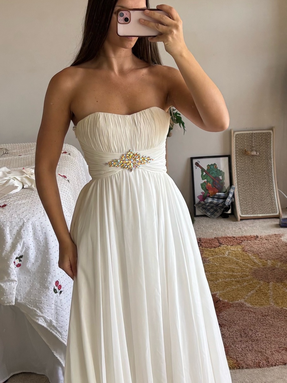 Strapless Ivory Chiffon Evening Dress with Beaded Waist